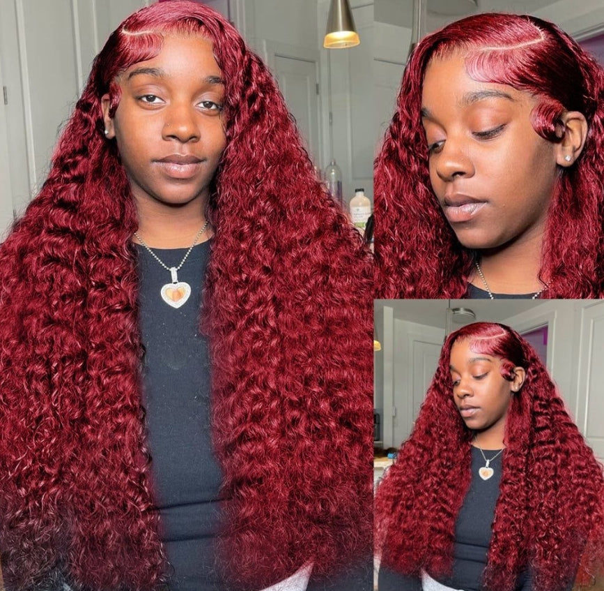 Transparent lace Burgundy deep wave wig with natural hairline