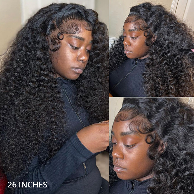 Natural looking water wave human hair wig worn on model, transparent lace front with realistic hairline and soft flowing wave texture