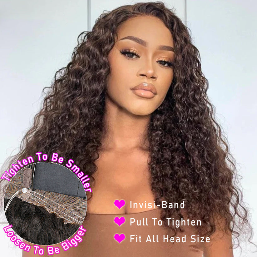 #4 Chocolate Brown Invisi-Band 360 Lace Frontal Wig Water Wave Pre Plucked Human Hair Wigs