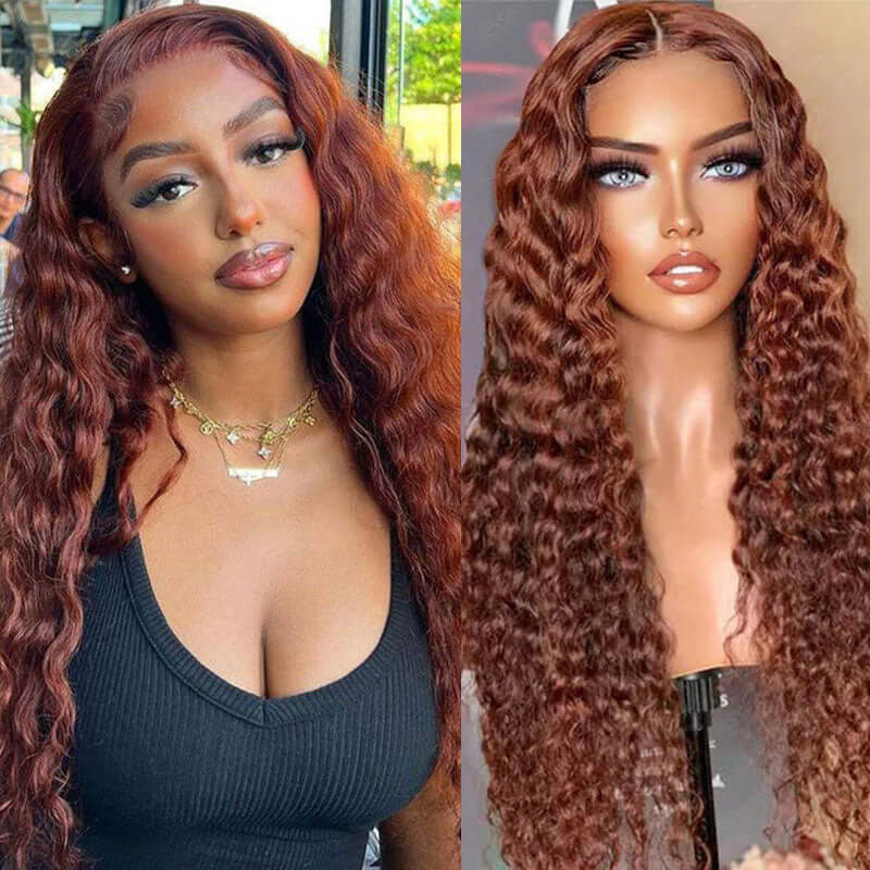 Brown Brunette Auburn Copper Color Water Wave Lace Front 100% Human Hair Wigs