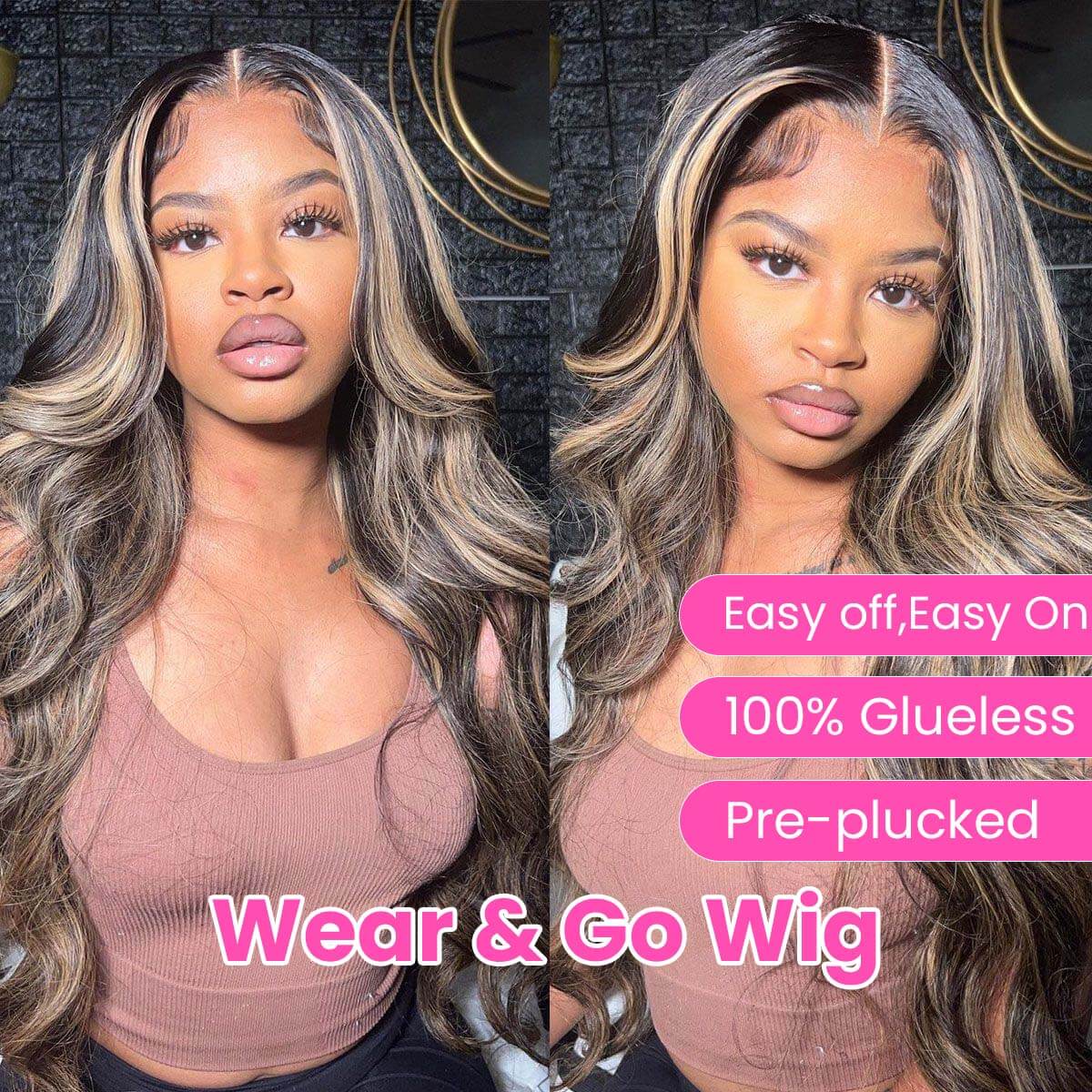 [Aicrelery] Balayage Highlight Colored Body Wave Wigs HD Lace Human Hair Wigs Natural Hairline