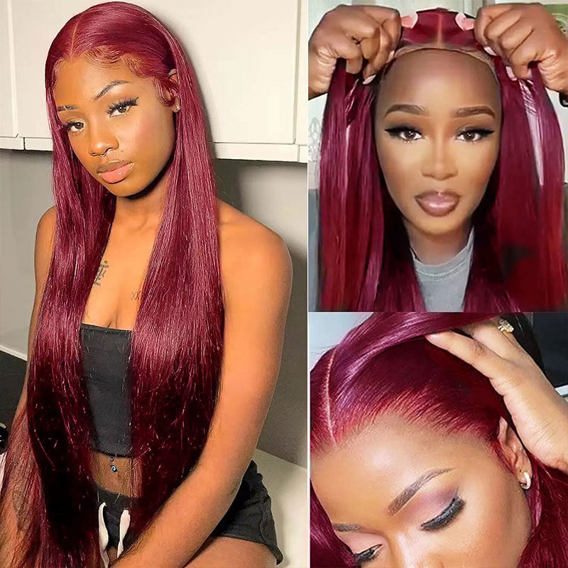 Put On & Go Glueless Straight Transparent Lace Closure Wig 99J Burgundy Color Human Hair Wigs