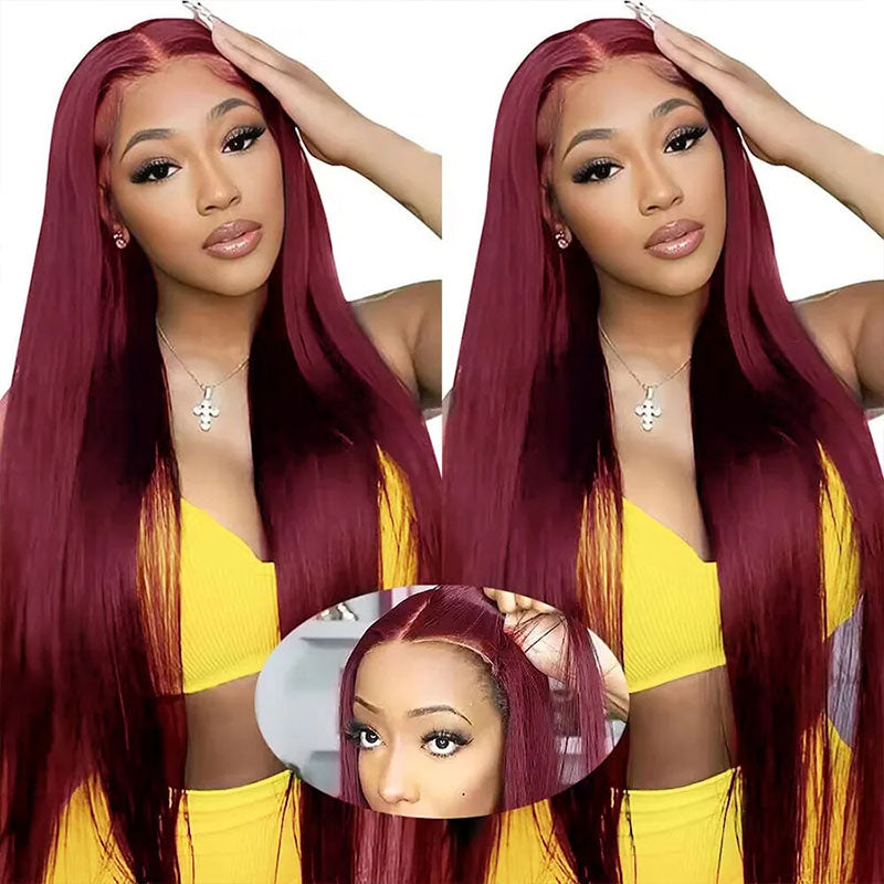 Put On & Go Glueless Straight Transparent Lace Closure Wig 99J Burgundy Color Human Hair Wigs