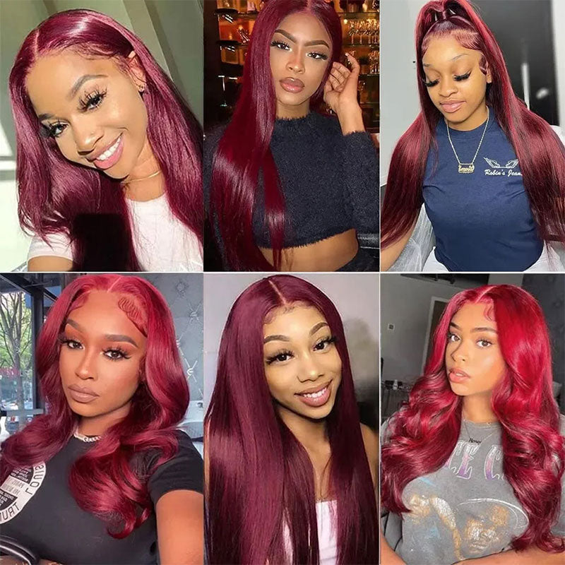 Put On & Go Glueless Straight Transparent Lace Closure Wig 99J Burgundy Color Human Hair Wigs