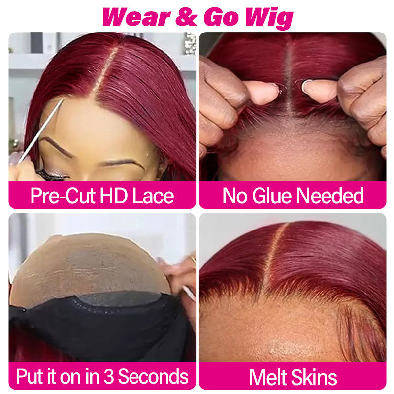 [BOGO] 99J Burgundy Ready Go Glueless Straight Transparent Lace Closure Wig Pre Cut Human Hair Wigs