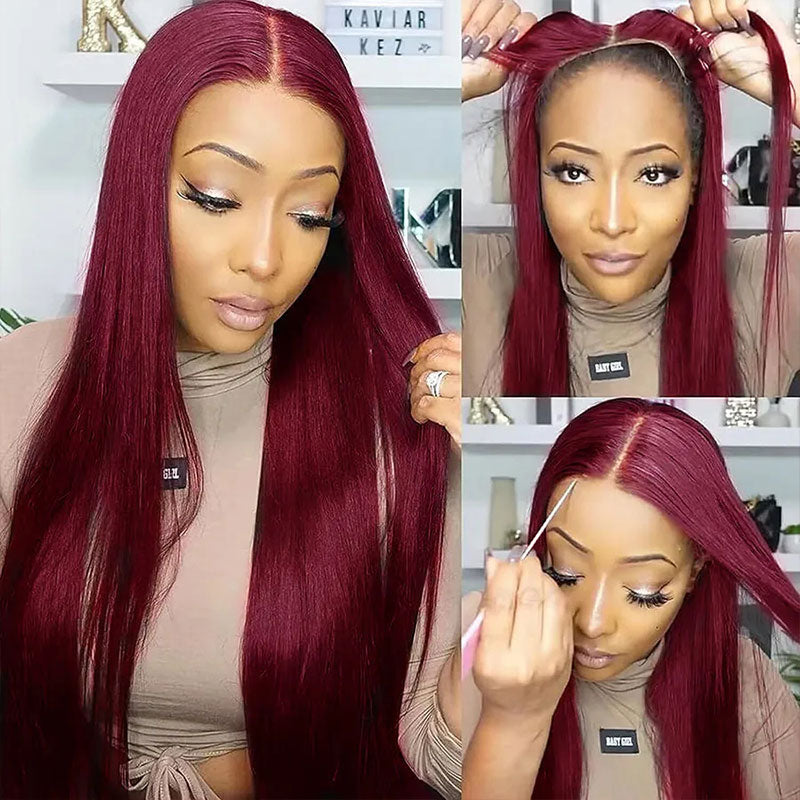 [BOGO] 99J Burgundy Ready Go Glueless Straight Transparent Lace Closure Wig Pre Cut Human Hair Wigs