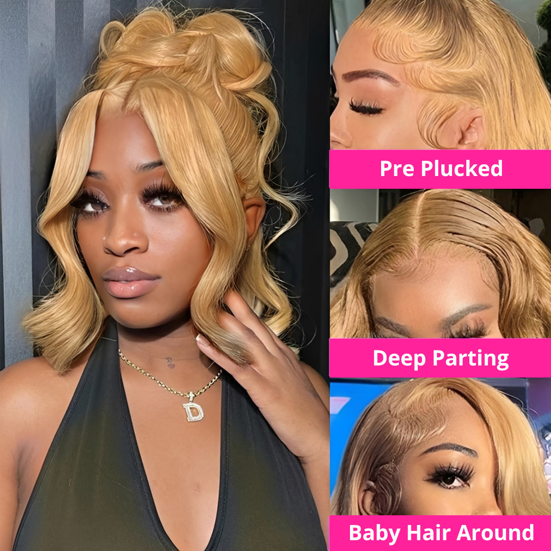 Zlike #27 Honey Blonde Color Invisible-Pull String 360 Lace Frontal Wigs Glueless HD Lace Wigs With Pre Plucked