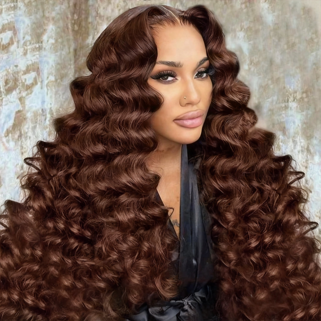 Zlike Chocolate Brown Loose Deep Lace Front Wig 300% Density Virgin Human Hair Super Double Drawn
