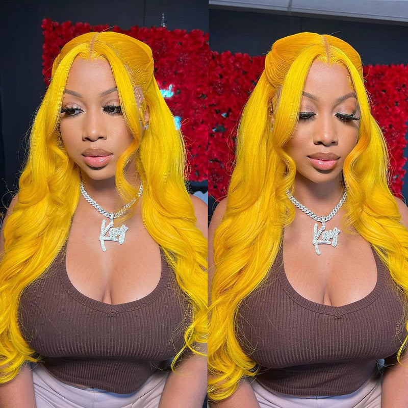 Zlike Ginger Lemon Yellow Spring Colored Lace Front Human Hair Wigs Natural Hairline