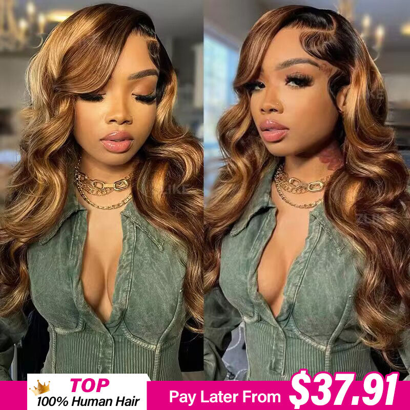 Black Roots Body Wave 4/27 Ombre Highlight Transparent Lace Front Human Hair Wigs