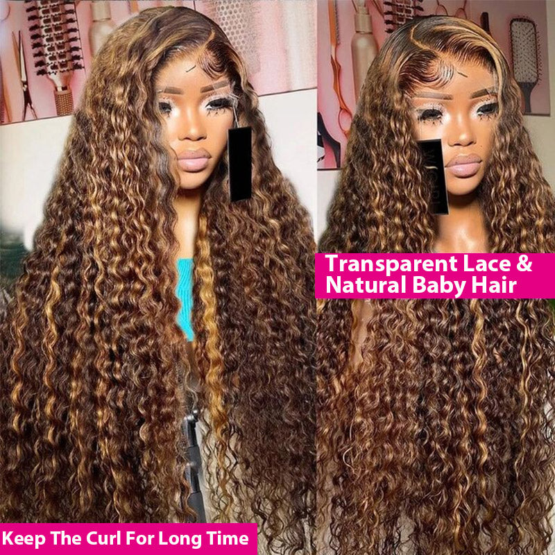 Ombre Highlight Piano Color 13x4 Lace Wig Water Wave Brown Golden Human Hair Wig | Flash Sale