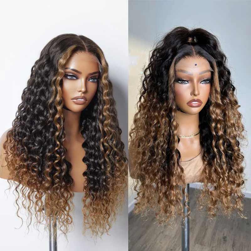 Brown Ombre Highlights Money Piece Water Wave 13x4 Transparent Lace Front Human Hair Wigs