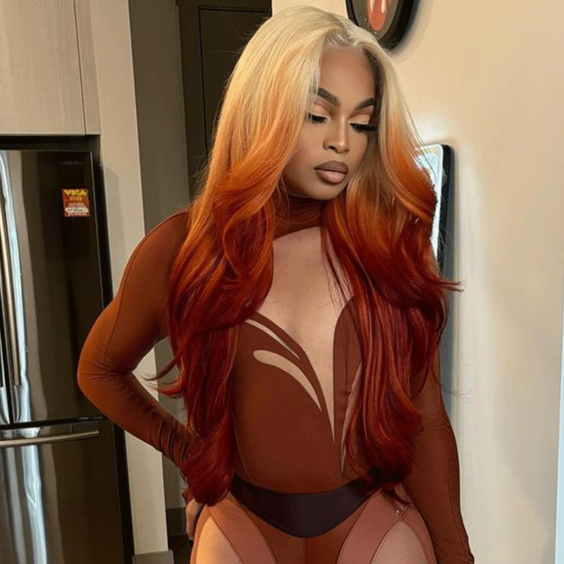 613 Blonde Ombre Highlight Ginger Orange Body Wave Lace Front Human Hair Wigs