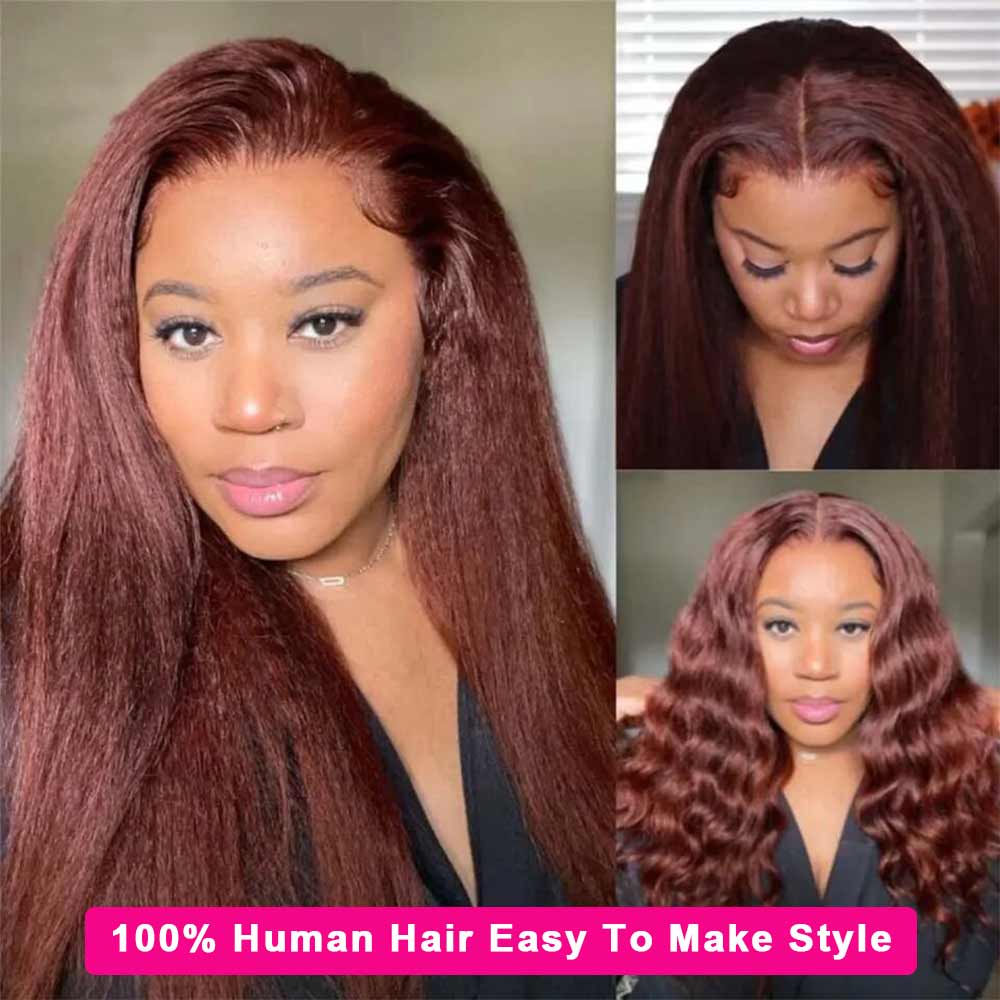 Reddish Brown #33 Yaki Straight 13x4 Lace Frontal Human Hair Wigs For Women-Zlike