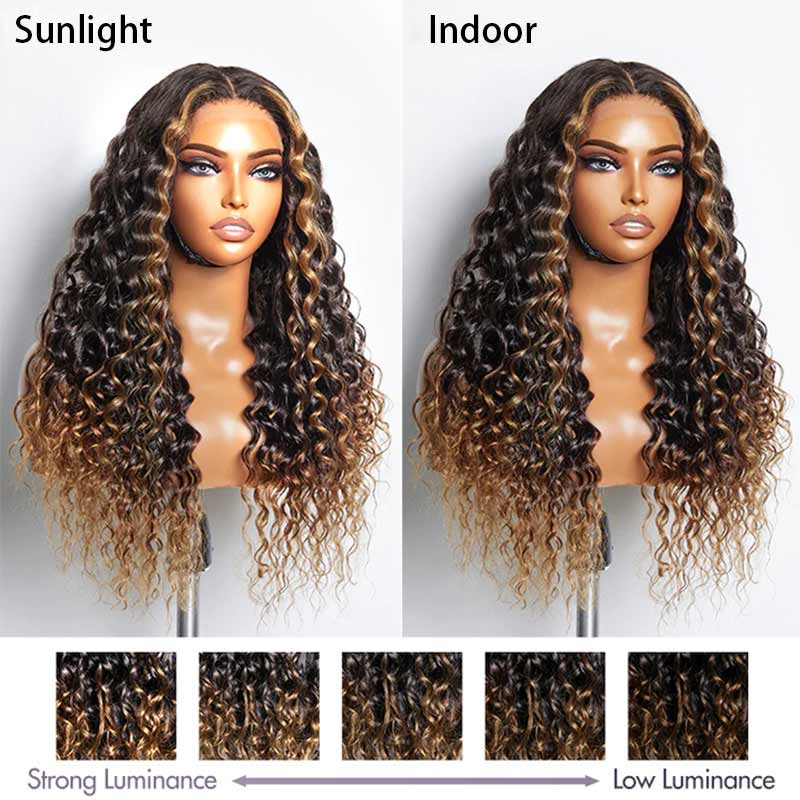 Brown Ombre Highlights Money Piece Water Wave 13x4 HD Lace Front Human Hair Wigs