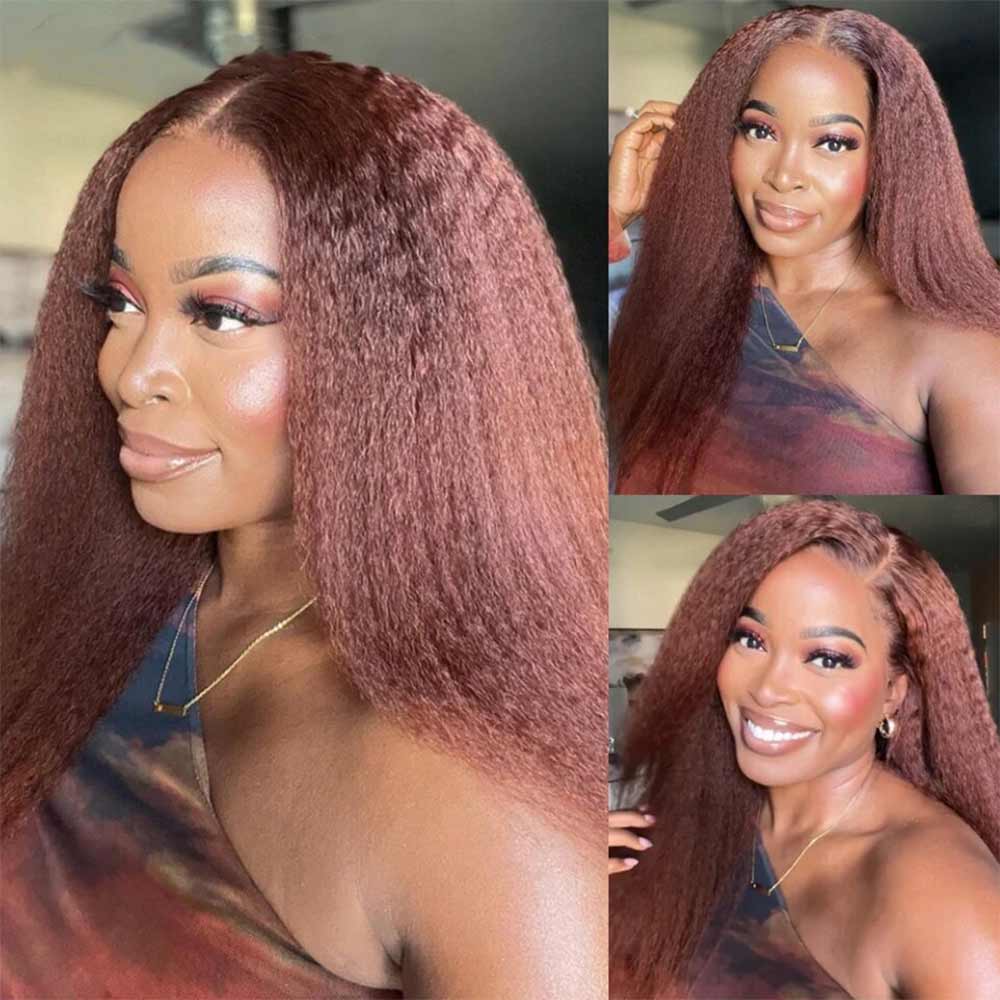 Reddish Brown #33 Yaki Straight 13x4 Lace Frontal Human Hair Wigs For Women-Zlike