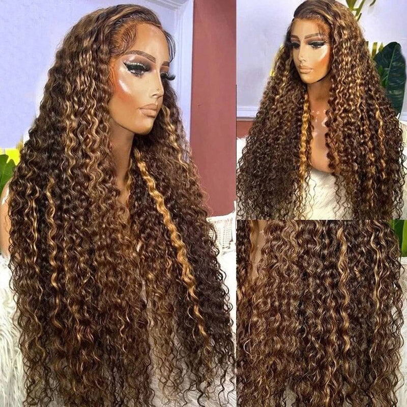 Ombre Highlight Piano Color 13x4 Lace Wig Water Wave Brown Golden Human Hair Wig | Flash Sale