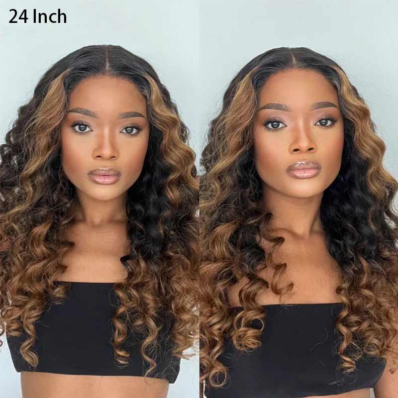 Brown Ombre Highlights Money Piece Water Wave 13x4 HD Lace Front Human Hair Wigs