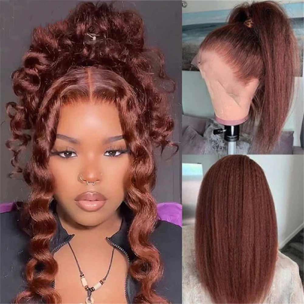 Reddish Brown #33 Yaki Straight 13x4 Lace Frontal Human Hair Wigs For Women-Zlike