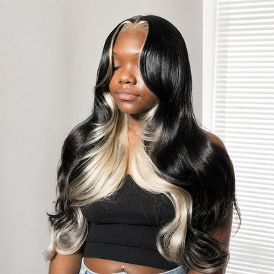 Zlike Hair Zlike Skunk Stripe Layered Cut Body Wave Human Hair Glueless Wigs Pre-Cut Lace Drawstring Wigs 7x5 Transparent Lace