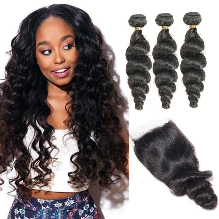 Loose Wave 3 Bundles 4x4 Lace Closure Unprocessed Human Virgin