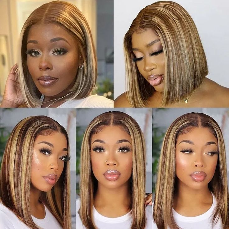 Short Highlight Straight Bob Wig Human Hair Lace Wigs Natural Hairline For Women