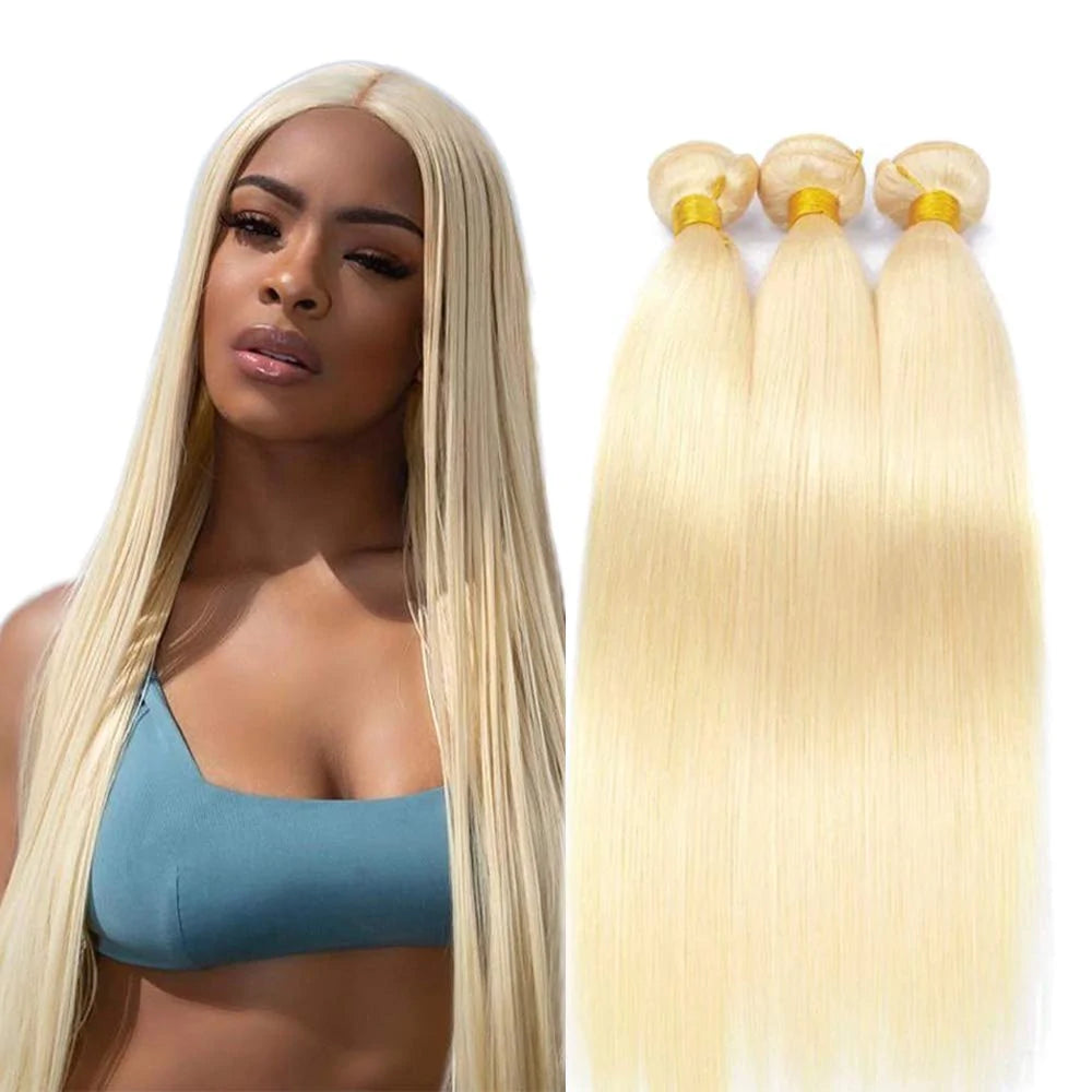 613# Blonde with Free Part Closure Remy Human Hair Silky Straight 3 Bundles with 4x4 Lace Closure-Aaliweya