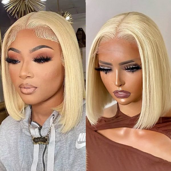 $189=2 Wigs | Bone Straight 13X4 Lace Frontal Wig Pre Plucked + 12Inch 613 Blonde Bob Wig 13X4 Lace Frontal Wig Human Hair Flash Sale