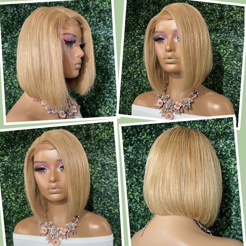 Zlike Short Ombre Honey #27 Blonde Bob Wig With Baby Hair Honey Brown Straight Human Hair Wigs