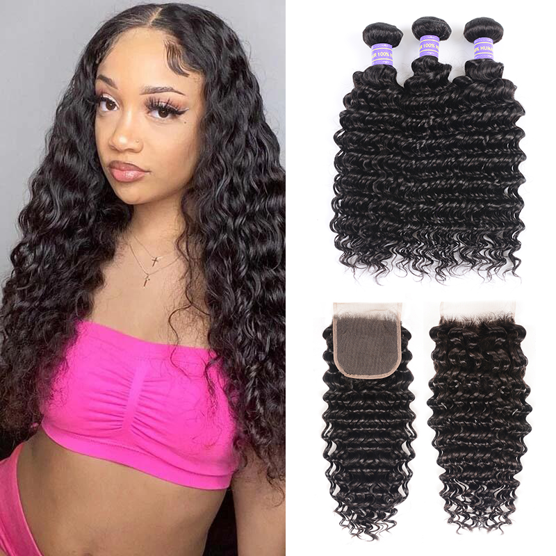 Deep Wave 3 Bundles 4x4 Closure 100% Virgin Human
