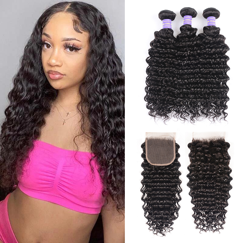 Deep Wave 3 Bundles with 4x4 Closure 100% Virgin Human Hair-Zlike