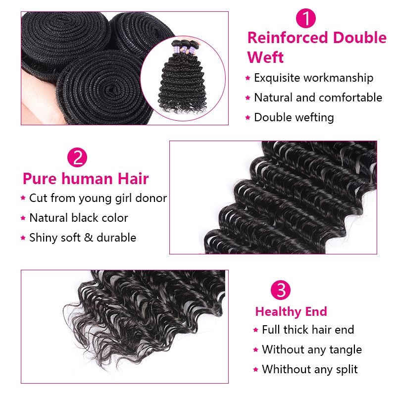 Deep Wave 3 Bundles with 4x4 Closure 100% Virgin Human Hair-Zlike