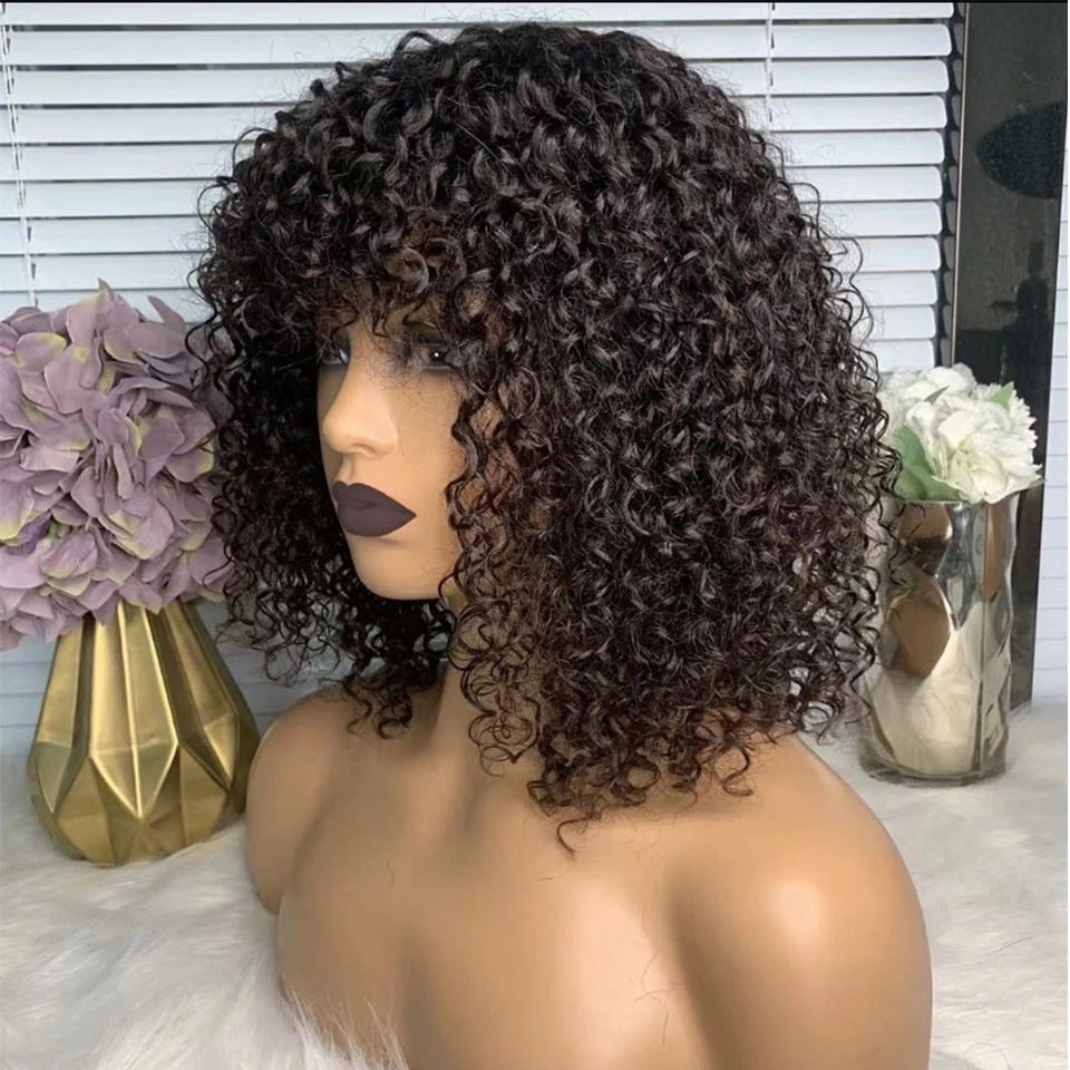 Put On To Go Jerry Curly No Lace Glueless Short Bob 100% Human Hair Wigs With Bangs