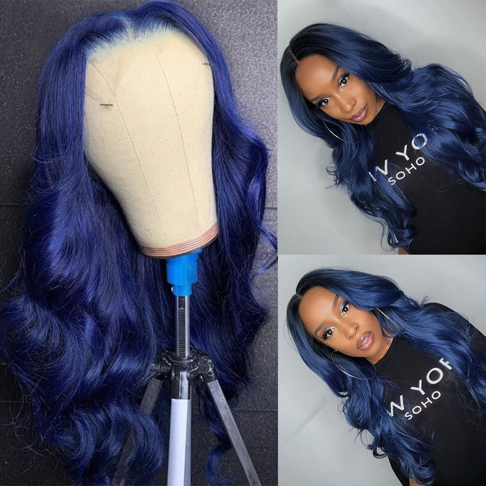 Zlike -13x4 Transparent Lace Body Wave Dark Blue 100% Human Hair Wigs For Women