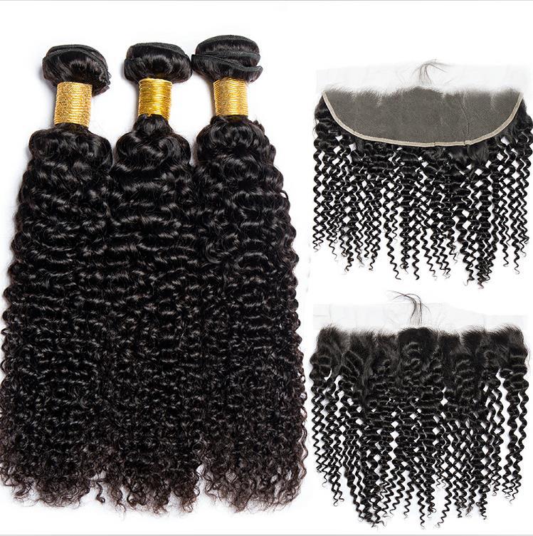 Black Jerry Curl Hair 3 Bundles with 13x4 Lace Frontal 100% Virgin Human Hair Weave-Aaliweya