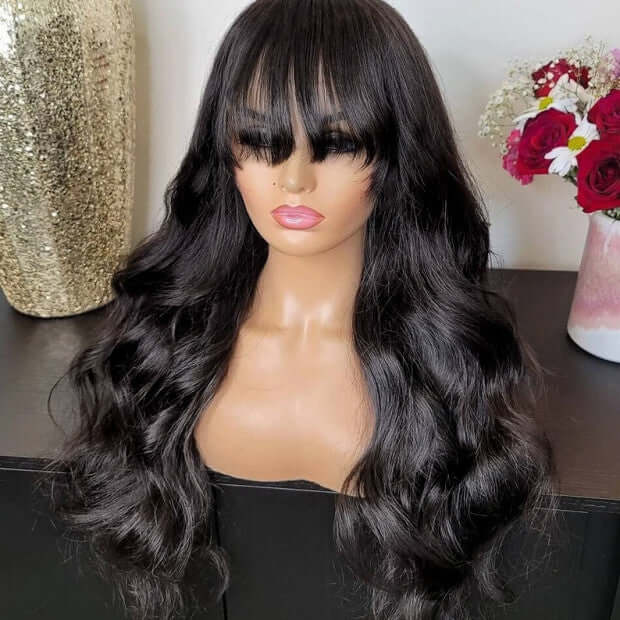 Put On And Go Glueless Body Wave With Bangs Top Lace Wig 100% Human Hair Wigs