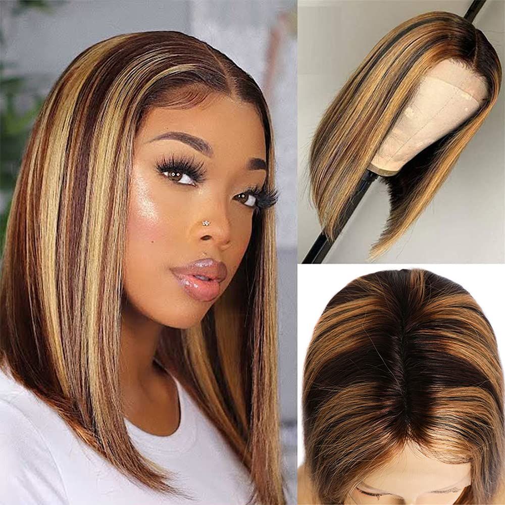 Short Highlight Straight Bob Wig Human Hair Lace Wigs Natural Hairline For Women