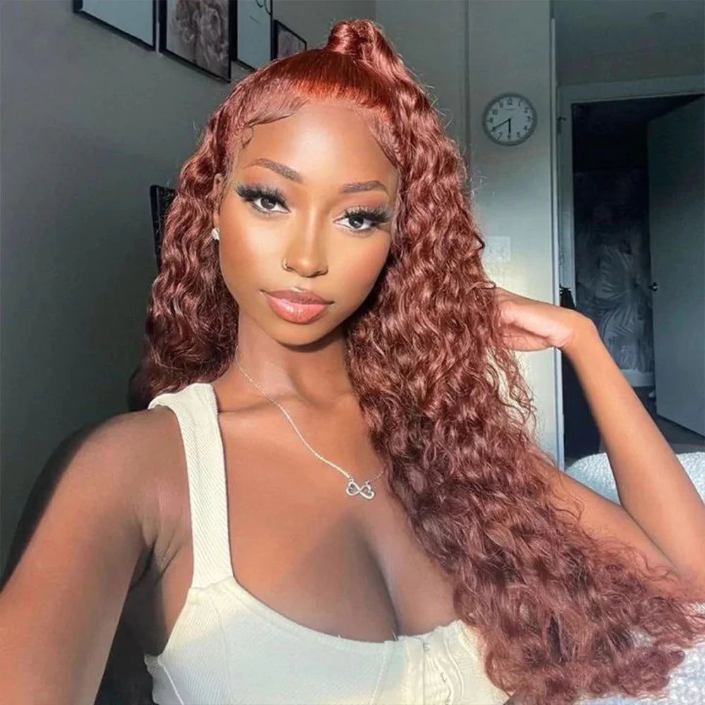 Brown Brunette Auburn Copper Color Water Wave Lace Front 100% Human Hair Wigs