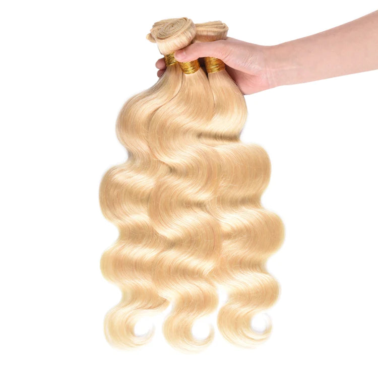 613# Blonde with Free Part Closure Remy Human Hair Body Wave 3Bundles with 4x4 Lace Closure-Aaliweya