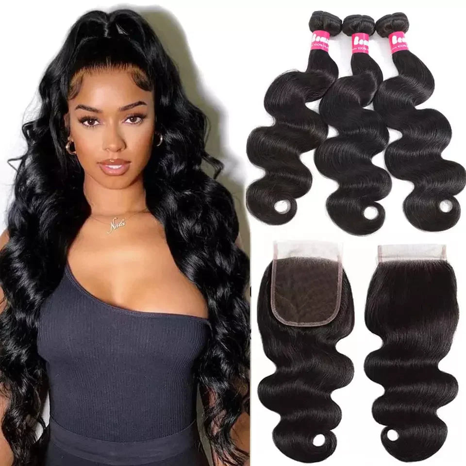 Body Wave Hair 3 Bundles With 4x4 Lace Closure Unprocessed Human Virgin Hair-Aaliweya