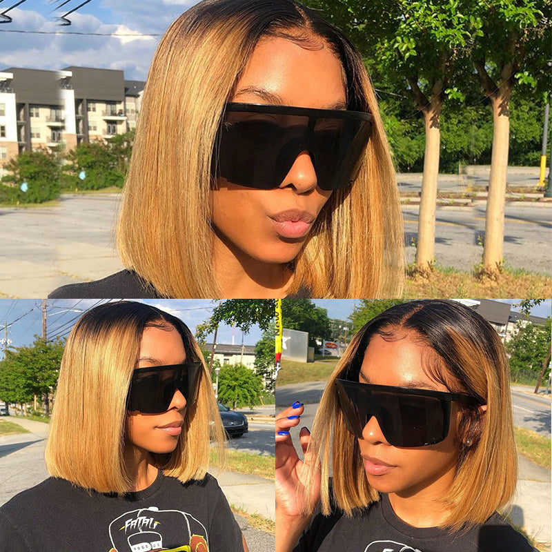 Zlike Short Ombre Honey Blonde 1B/27 Bob Wig Baby Hair Honey Brown Straight Human Hair Wigs