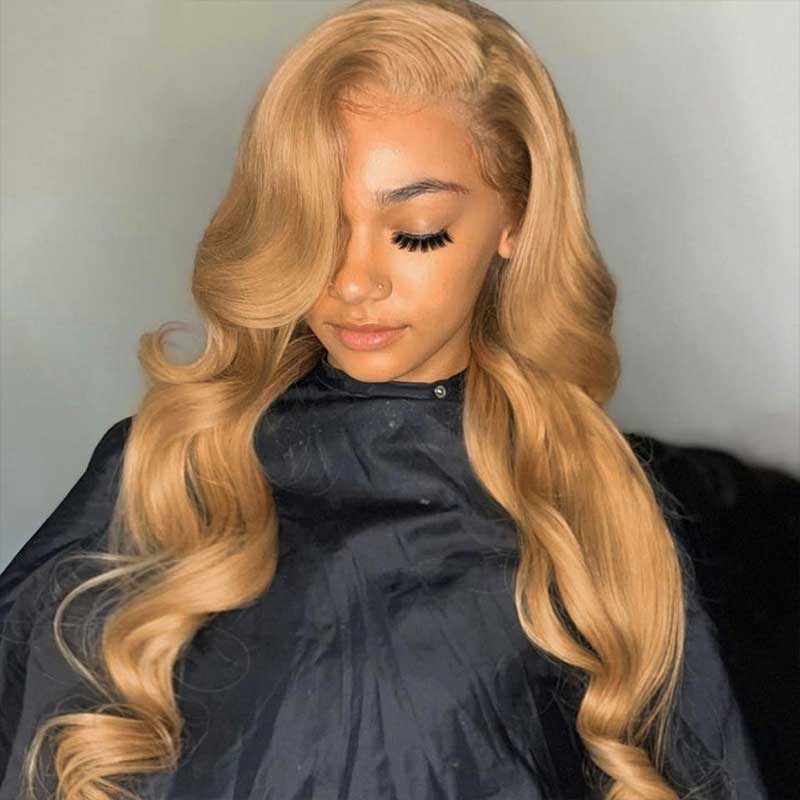 Honey Blonde #27 Highlight Body Wave Human Hair Wigs Lace Front Wig-Zlike