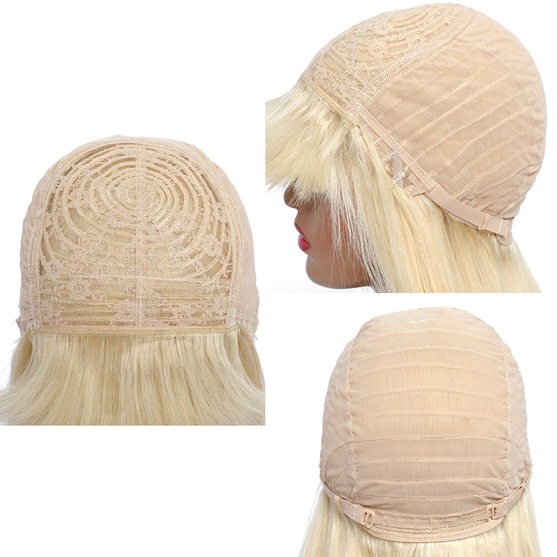 613 Blonde Straight Top Lace Wig With Bangs Natural Color Straight Glueless Human Hair Wigs