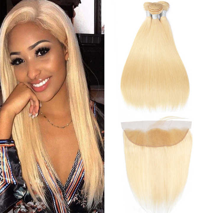 613# Blonde with Free Part Remy Human Hair Silky Straight 3Bundles with 13x4 Lace Frontal-Aaliweya