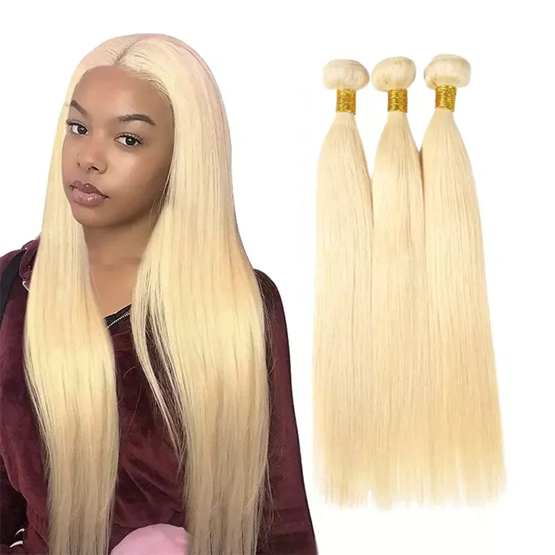 613# Blonde with Free Part Closure Remy Human Hair Silky Straight 3 Bundles with 4x4 Lace Closure-Aaliweya