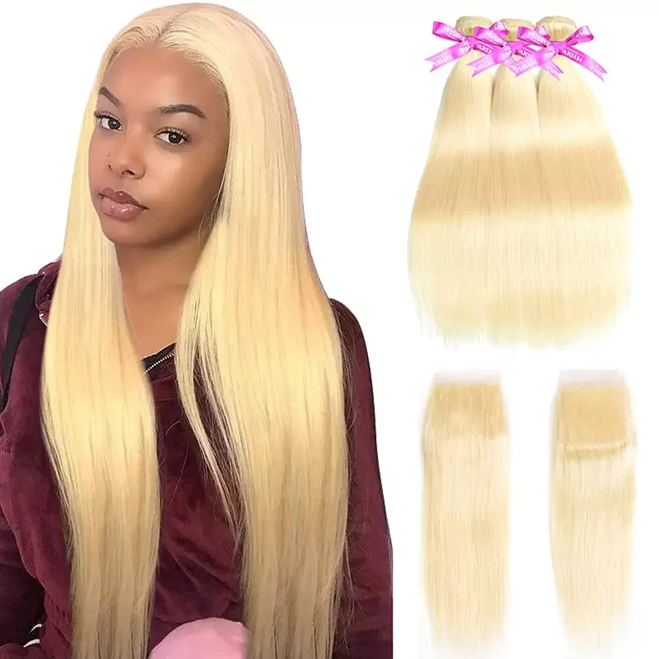 613# Blonde Free Part Closure Remy Human Silky Straight 3 Bundles 4x4 Lace Closure