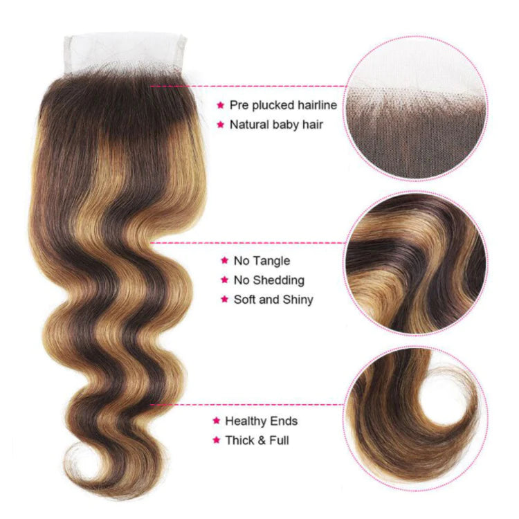 Highlight P4/27 Body Wave Hair 3 Bundles with 4x4 Lace Closure Unprocessed Human Virgin Hair-Zlike