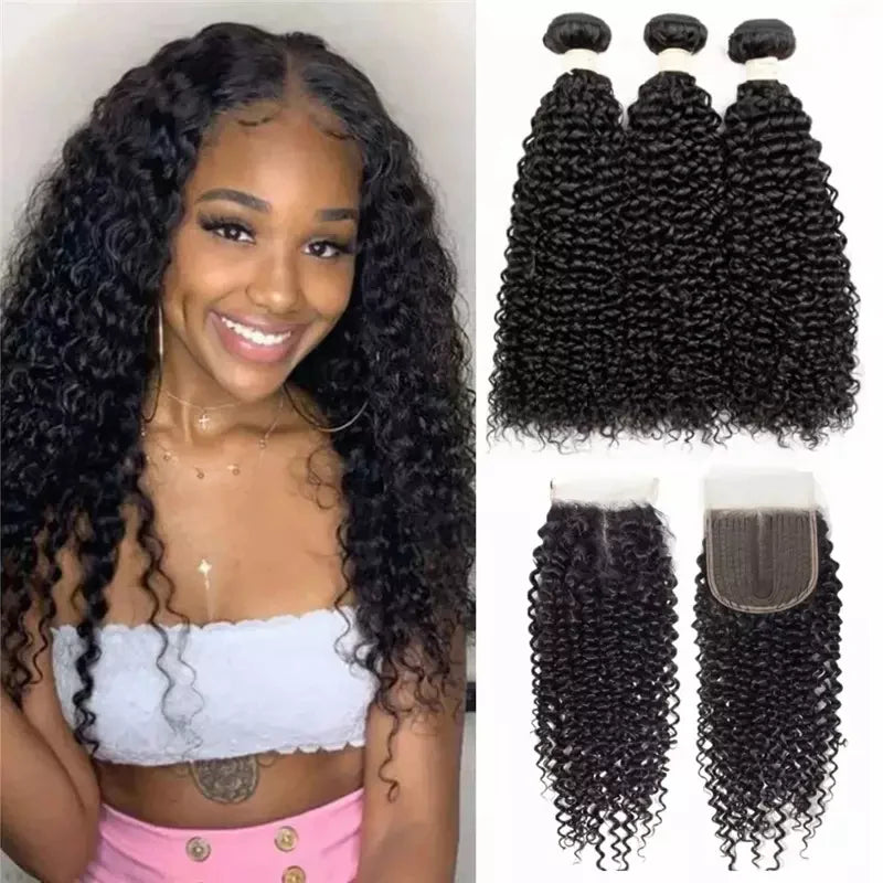 Curly 3 Bundles 4x4 Lace Closure 100% Virgin Human Soft Shiny Wave