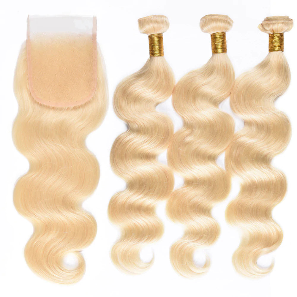 613# Blonde with Free Part Closure Remy Human Hair Body Wave 3Bundles with 4x4 Lace Closure-Aaliweya