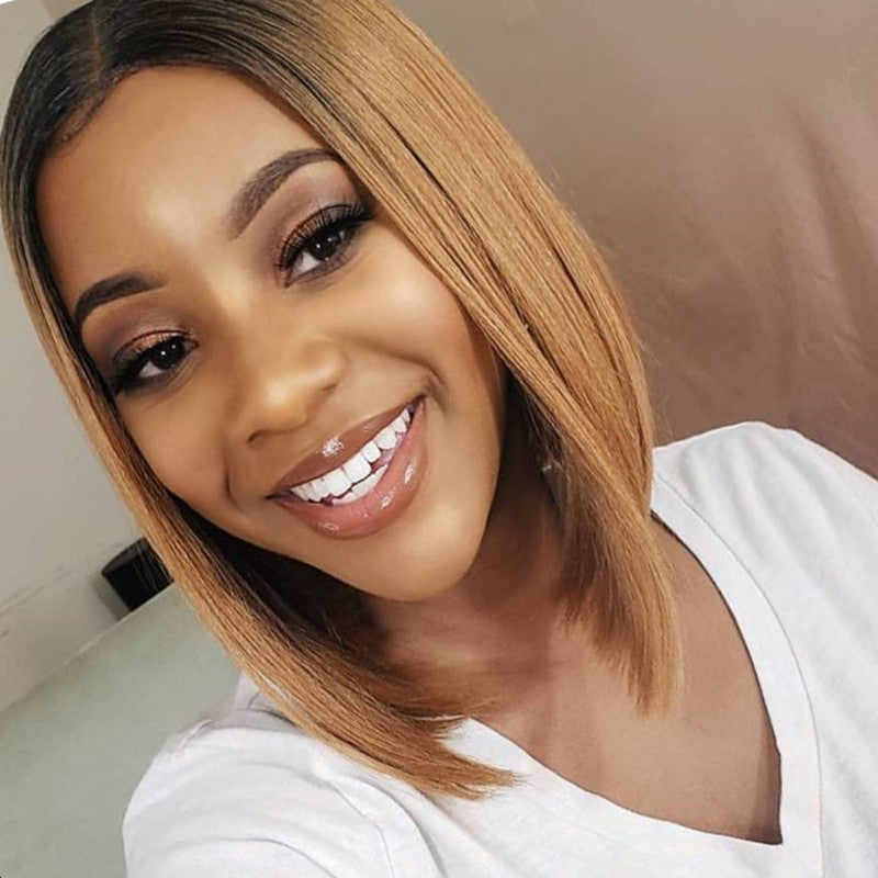 Zlike Short Ombre Honey Blonde 1B/27 Bob Wig Baby Hair Honey Brown Straight Human Hair Wigs